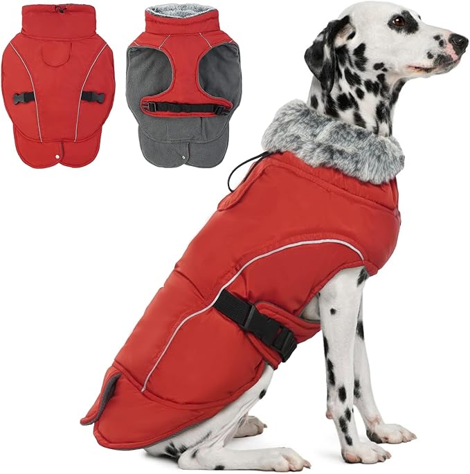 DENTRUN Winter Warm Dog Coat Reflective Jacket with Turtleneck for Cold Weather, Adjustable Buckle Windproof Water Repellent, Thick Snowsuit Fleece Vest for Small, Medium, Large Dogs, Red, L