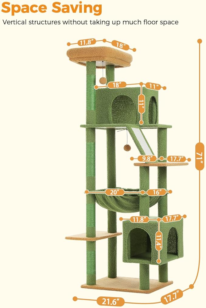 MUTTROS Cactus Tall Cat Tree 71" for Large Cat 20 lbs with Super Large Hammock, Heavy Duty Cat Tower with 4 Sisal Scratching Posts & 2 Spacious Condos for Big Adult Cats Maine Coon-Green