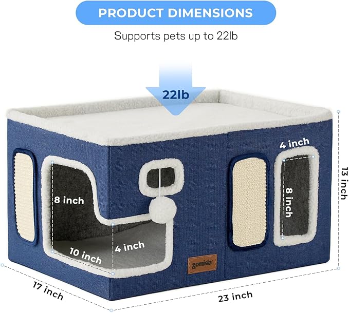 ZOMISIA Extra-Wide Cat House for Indoor Cats - Large Cat House for Pet with Fluffy Ball Hanging and Scratch Pad, Foldable Cat Hideaway for Multi Cats, 23x16.5x13 inches, Navy