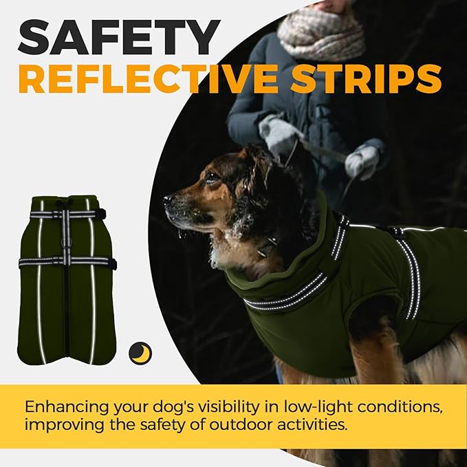 Lelepet Waterproof Dog Jacket with Harness Built in Warm Dog Winter Coat, Reflective Fleece Jacket, Dogs Coats for Lage Dogs, Thermal Pet Snowsuit for Outdoor Walking, French Bulldogs, Army Green, L