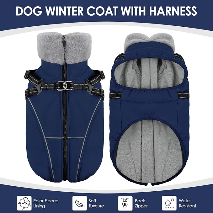AOFITEE Dog Coat for Large Dogs, Waterproof Dog Jacket with Harness Built in, Warm Fleece Pet Puffer Jacket with Zipper, Cold Weather Coats for Dogs Outdoor, Reflective Pet Snowsuit, Blue XL