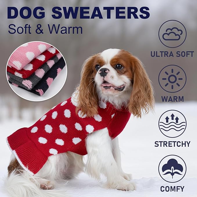 KYEESE Red Dog Sweaters Dress with Leash Hole Polka Dot for Girl Dog Sweater Knit Warm Doggie Sweaters with Pom Pom Ball for Fall Winter