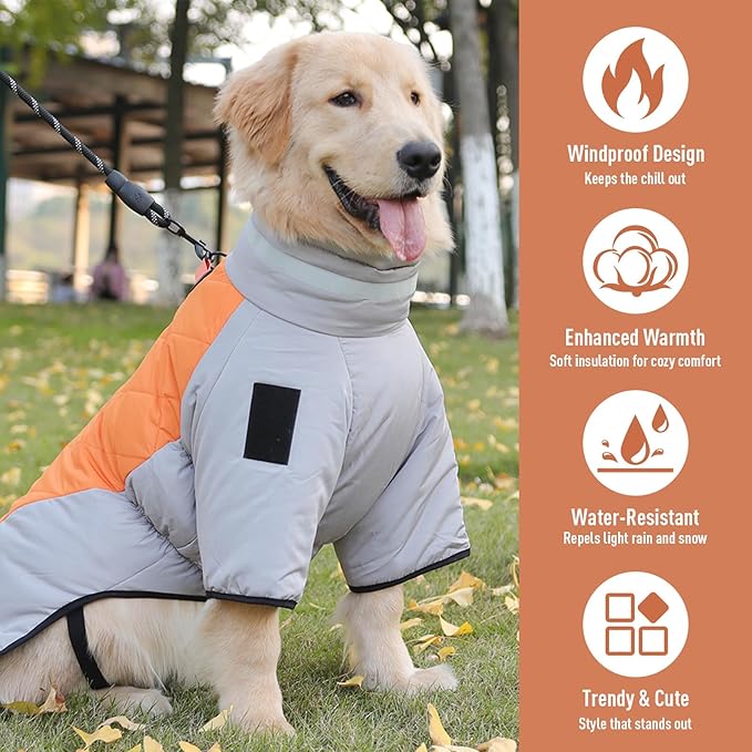 Dog Coats for Large Dogs, Warm Winter Coat with Built-in Harness & D-Ring, Reflective Turtleneck Waterproof Snow Jacket, Back Zipper Fleece Vest for Cold Weather (Grey Orange, 3XL)