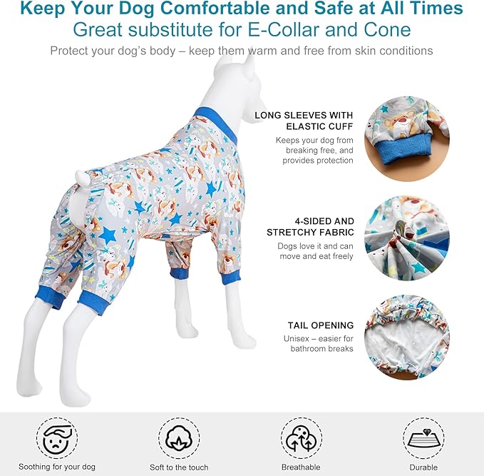 LovinPet Large Dog Onesie Shedding Suits for Pitbulls, Pet Anxiety Relief Pajamas,Pet Sun Protection Tshirt,Comfy Flannel Fabric,Fox,Sheep,Bear Grey Print,Large Dog Pjs,Dogs Surgery Recovery Suit,2XL
