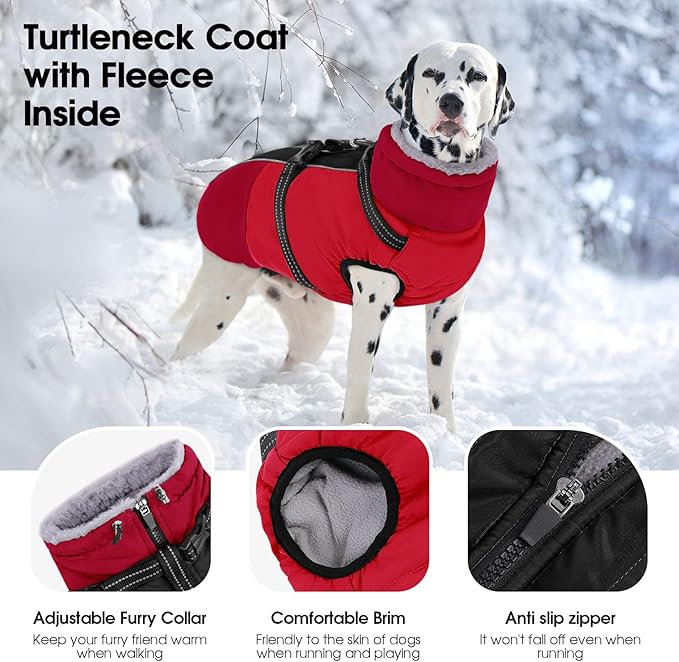 SUNFURA Dog Winter Coat, Warm Dog Coat with Harness for Medium Dogs Boys Girls, Reflective Fleece Lined Pet Winter Jacket Snowsuit for Pug, Jack Russel, Schnauzer, Red M