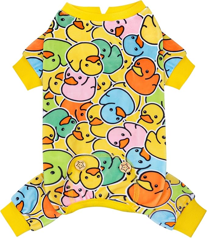 KYEESE Dog Pajamas Comfy Dogs Clothes Stretchable Pet Jammies Colorful Duck Printing Dog Onesie Stretchy Doggie Costumes Soft Pet Pjs Velvet Pets Coat Soft Doggie Pajamas for Small Dogs, Medium