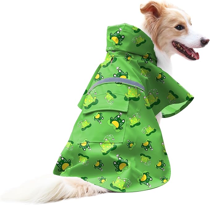 NACOCO Large Dog Raincoat Adjustable - Pet Frog Water Proof Clothes Lightweight Rain Jacket Poncho Hoodies with Strip Reflective Green (3XL, Green Frog)