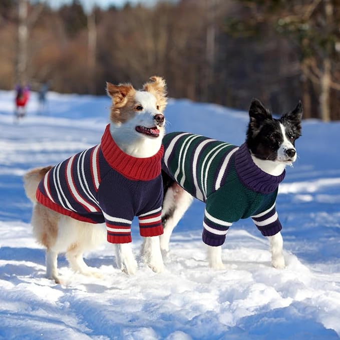 Kuoser Dog Sweater,Warm Dog Sweaters for Large Dogs,Turtleneck Thick Large Dog Sweater Christmas Outfit,Pet Winter Clothes Doggie Knitwear Girl Boy for Holiday Thanksgiving,Green&Navy Strips L
