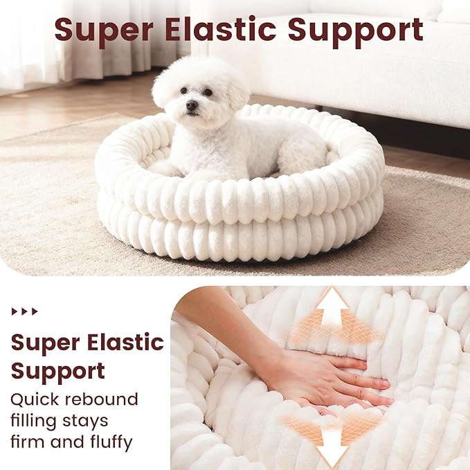 Petinstinct Cat Beds for Indoor Cats, Machine Washable Orthopedic Donut Dog Bed for Small Dogs, Fluffy Round Pet Bed with Anti-Slip Bottom for Puppy and Kitten, White, 20"x20"x6.5"
