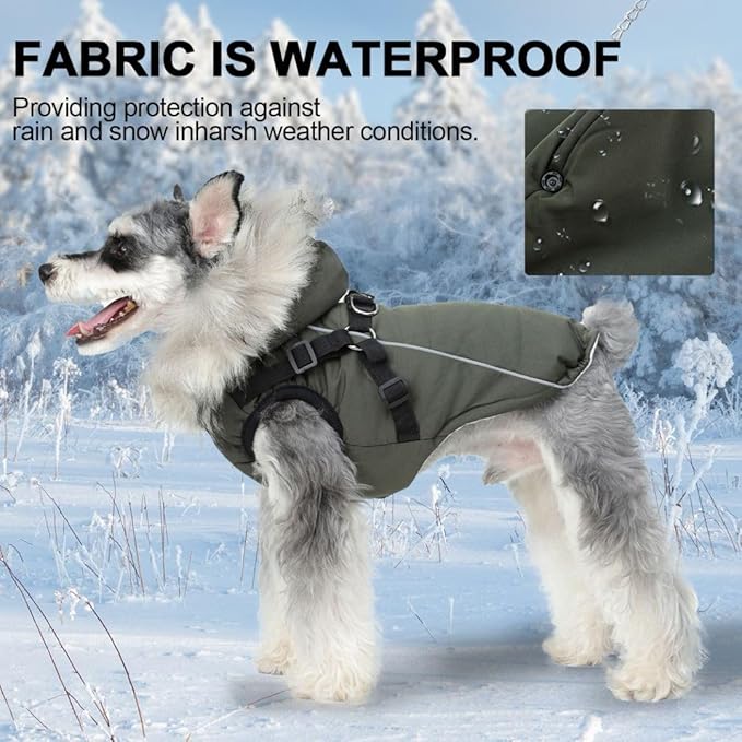 PINA Dog Coat with Built in Harness, Dog Jacket with Faux Fur Hood, Dogs Vest with Reflective Strap for Small Medium Large Dogs, Green, M