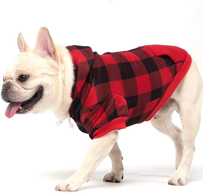 KOOLTAIL Dog Christmas Hoodie for Small Medium Large Dogs - Red Plaid Dog Christmas Outfit Sweater with Hat & Pocket for Cold Winter, Warm Soft Hooded Sweatshirt Clothes for Puppy Cats Girls Boys XXL