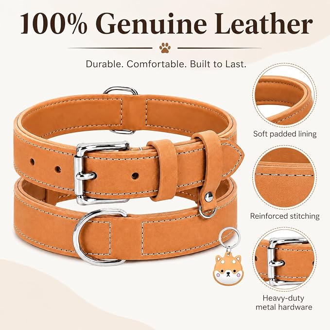 Genuine Leather Dog Collar, Soft Padded Leather Dog Collars with Airtag Holder Case for Small Medium Large X-Large Dogs,Comfort Heavy Duty Pet Collar with Durable Metal Buckle & D-Ring-Khaki/XL