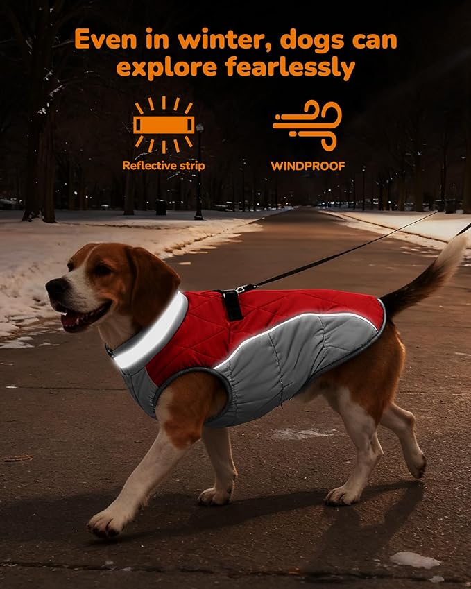 Dog Coat for Medium Dogs, Adjustable Dog Jackets for Cold Weather, Reflective Winter Coat with Built-in Harness, Snowsuit Fits Dogs 14-25 lbs and Up, Size M Red