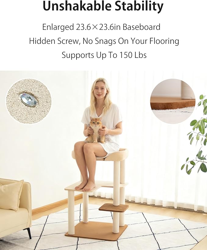 LULUCAT Modern Cat Tree for Large Cats, 37.5-Inch Tall Cat Tree Tower with Wide Shelves Low Step Cotton Scratching Posts, Super Sturdy Base, Cozy Perches, and Interactive Toys for Indoor (95cm White)