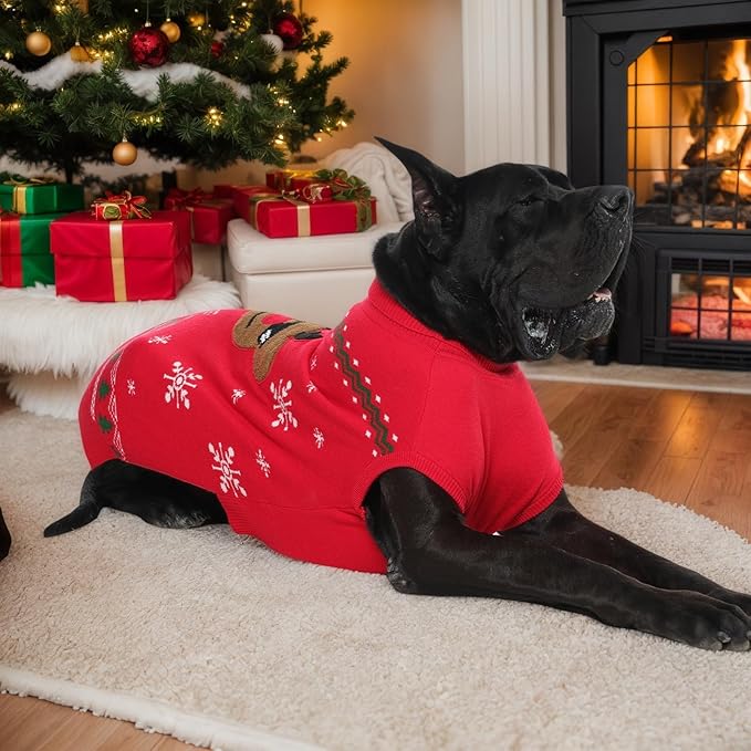 Christmas Dog Sweater XXL, Red Warm Knit Sweater with Leash Hole, Turtleneck Pet Sweaters for Large Dogs Male Female, Fall Winter Sweaters Holiday Reindeer Snowflake, 2XL