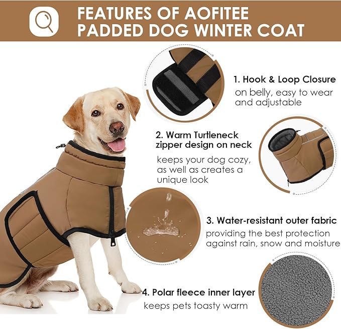 AOFITEE Large Dog Winter Coat, Waterproof Jacket with Harness Hole, Warm Fleece Puffer Jacket for Large Dogs, Reflective Windproof Snowsuit for Dogs, Dachshund, French Bulldog, L