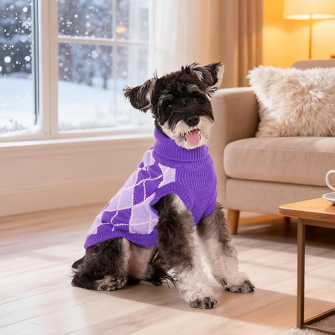 KOOLTAIL Small Dog Sweater, Knit Turtleneck Cold Weather Dog Sweaters for Medium Large Dogs,Soft Diamond Plaid Pullover Knitwear Pet Winter Warm Clothes,Pet Coat Puppy Sweater for Girls Boys,Purple M