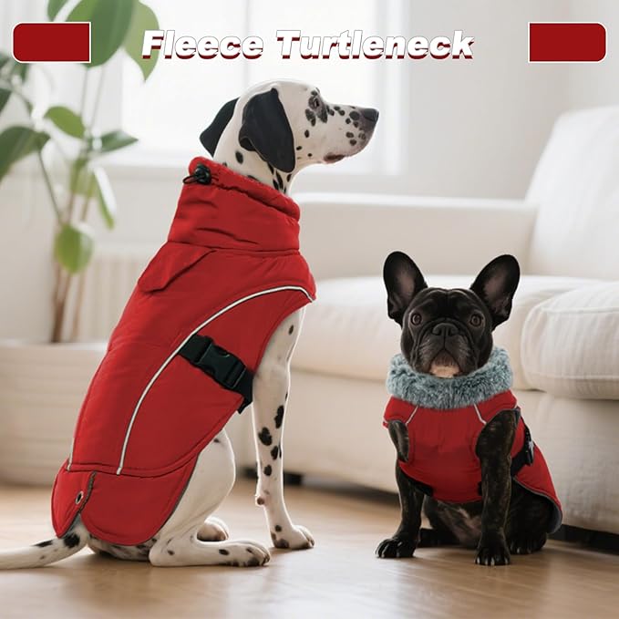 DENTRUN Winter Warm Dog Coat Reflective Jacket with Turtleneck for Cold Weather, Adjustable Buckle Windproof Water Repellent, Thick Snowsuit Fleece Vest for Small, Medium, Large Dogs, Red, XXL