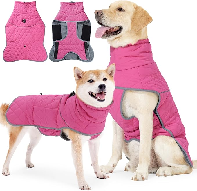 Dog Winter Coat with Harness, Reflective Windproof&Waterproof Fleece Jacket for Cold Weather, Dog Pullover Jumpsuit Snowsuit for Small Medium Large Dogs, Pink 2XL