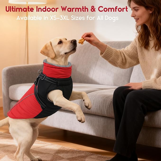 ASENKU Reflective Dog Coat with Built-in Harness, Windproof Fleece-Lined Dog Jacket for Small, Medium, Large Dogs, Warm Winter Vest with Turtleneck & Zipper (Red XS)
