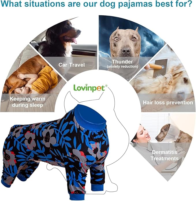 LovinPet Large Dog PJs, Long Sleeve Shirt for Dogs, Anti Licking Wound Care Pajamas, Stretchy Skin, Friendly Fabric, Nighttime Print, Large Dog Pajamas, Jammies, 3XL