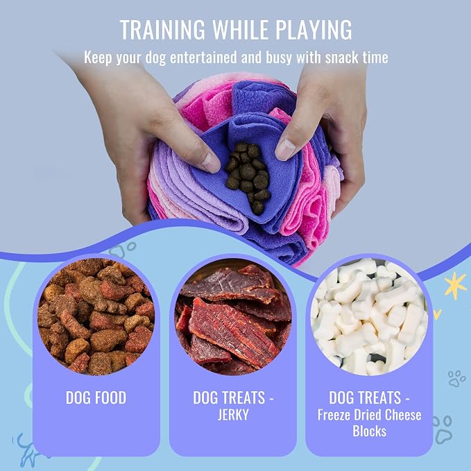 Pet Snuffle Ball, Puzzle Sniffing Interactive Dog Ball for Blind Dogs Training Stress Relief Dog Enrichment Toys Treat Machine Washable (20cm, Pink and Purple)