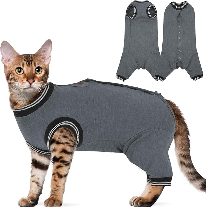 Stress-Free Cat Recovery Suit for Female Cats - Vet-Backed E-Collar Alternative, Anti-Lick & Rear Access Design Gray S