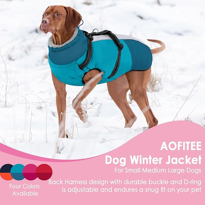 AOFITEE Dog Coat for Large Dogs, XXXL Dog Winter Jacket with Harness Built in, Turtleneck Cold Weather Coat for Extra Large Dogs, Reflective Pet Fleece Jacket with Zipper for Great Dane, Turquoise 3XL