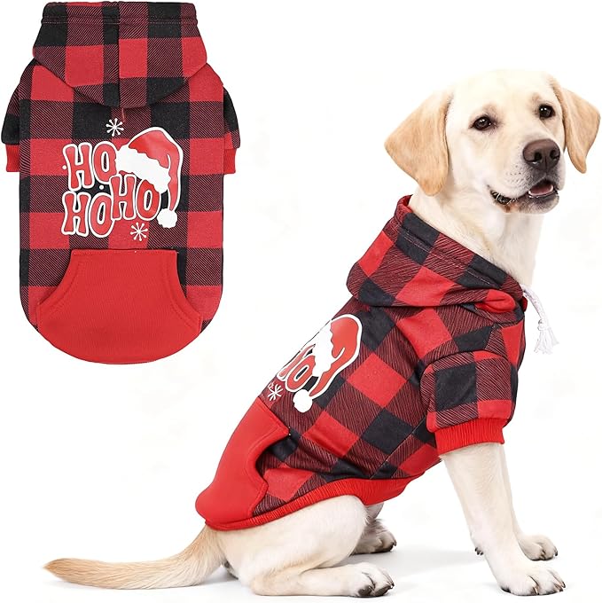 KOOLTAIL Christmas Dog Hoodie, Red Plaid Pet Sweater, Hat Hooded Sweatshirt Dog Clothes for Small Medium Large Dogs Boys Girls, Soft Warm Winter Cold Weather Coat with Leash Hole&Pocket, Santa, XL