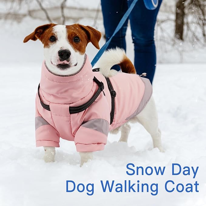 Turtleneck Dog Coat with Harness Built in - S,Soft Warm Lining | Adjustable Reflective Harness Coats for Small Dogs,Snow Day Water-Repellent,Windproof & Cold-Resistant Jacket (Light Pink)