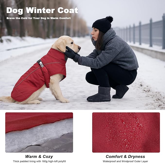 DoggieKit Dog Winter Coat, Waterproof Warm Jacket with Harness Built in, Reflective Cold Weather Doggie Vest, Windproof Turtleneck Pet Snowsuit, Adjustable Puffer Jacket for Large Dogs, Red 5XL
