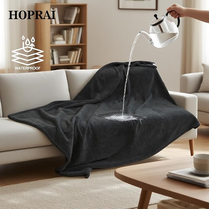HOPRAI Waterproof Pet Blanket for Medium Large Dogs Washable Fluffy Thick Jacquard Shag Fleece Warm Sherpa Pet Blanket Cats Puppy Couch Protection (Gray XL57*85inches)