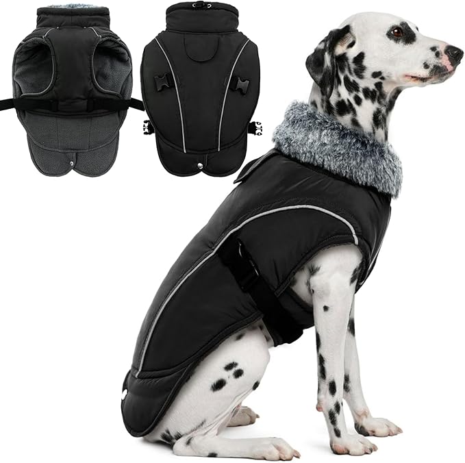 DENTRUN Winter Warm Dog Coat Reflective Jacket with Turtleneck for Cold Weather, Adjustable Buckle Windproof Water Repellent, Thick Snowsuit Fleece Vest for Small, Medium, Large Dogs, Black, XXL
