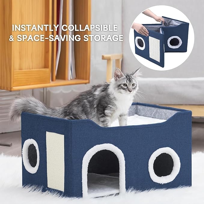 Gosipeya Cat House for Indoor Cats – Foldable Cat Cave & Covered Cat Bed, Cozy Hideaway for Small Pets and Large Cats (23.6"x16"x12.8"),Navy Blue