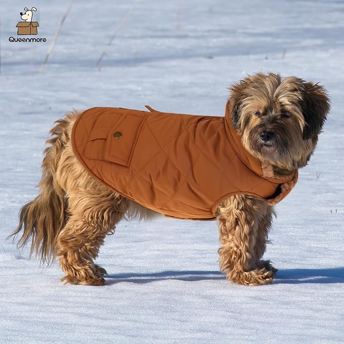 Queenmore Warm Puffer Dog Jacket, Ultra Thick Plush Lining with Storage Pockets (Brown, X-Small)