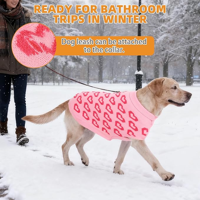 KOOLTAIL Valentine's Day Dog Sweater, Cold Weather Dogs Knitted Sweater Turtleneck Pullover, Pet Sweater with Heart Pattern, Warm Winter Clothes for Small Medium Large Dogs Cat Boy Girl, Pink XL