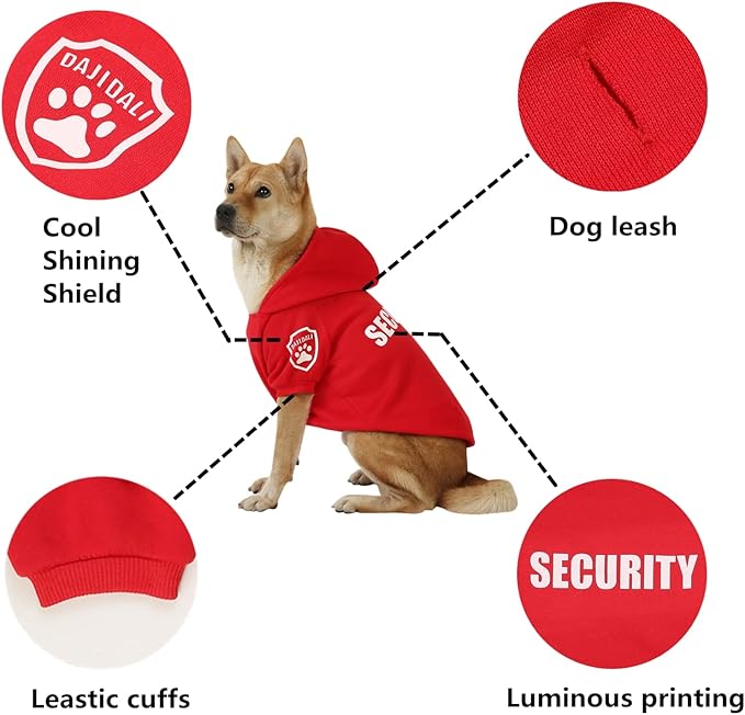 Dog Security Hoodie with Glow-in-The-Dark Prints DAJIDALI Dog Clothes Apparel Winter Sweatshirt Warm Sweater Jacket Coat Hoodie for Small Medium Large Dog Cat