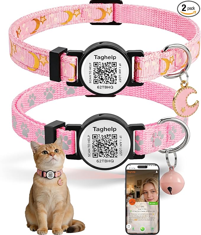 Smart Safety Cat Collar 2-Pack: Luminous Night Glow & QR Code Pet ID Tag, Breakaway Reflective Adjustable Collar (7.5-12.5”) for Indoor/Outdoor Cats, Pink