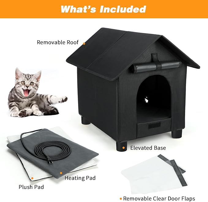 Heated Cat Houses in Winter Waterproof, Elevated Heated Outdoor Cat House Insulated Outside Feral Cat House Shelter with Escape Door for Cats or Small Dogs (Black, Small (13.4"x16.9"x18.5"))
