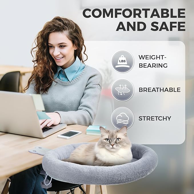 Rotating Cat Desk Bed for Remote Workers, Home Office Staff and Gamers ，Quality Soft Cat Bed, 360° Swivel, Removable Washable Cushion, Comfortable and Easy to Assemble, Supports up 40 lbs(Dark Gray