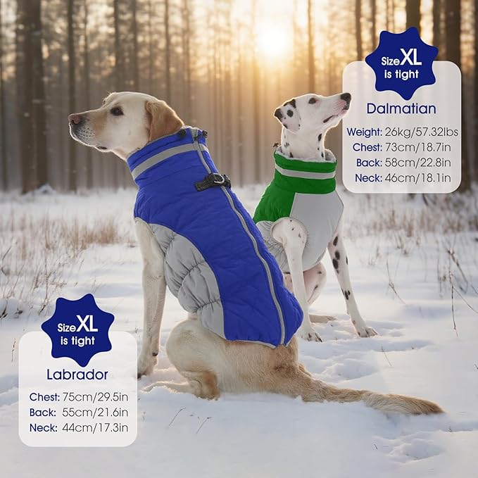 FUAMEY Dog Coat for Large Dogs,Waterproof Dog Winter Jacket with Harness Built in Puppy Cold Weather Coats Reflective Pet Vest with Zipper Warm Fleece Dogs Snowsuit Windproof Green L