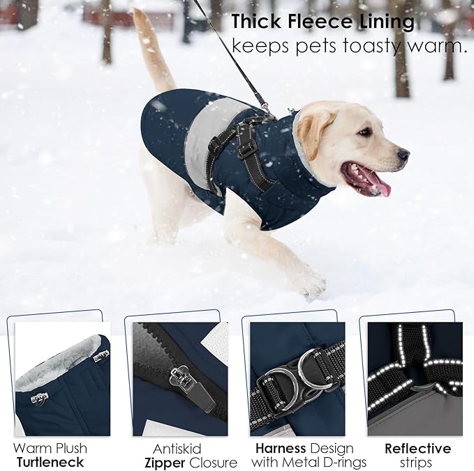 AOFITEE Dog Coat, Large Dog Jacket, Dogs Coat with Harness Built in, Reflective Waterproof Dogs Jackets Winter with Furry Collar, Warm Polar Fleece Pet Sweater Snowsuit for Doberman, Great Dane, XXL