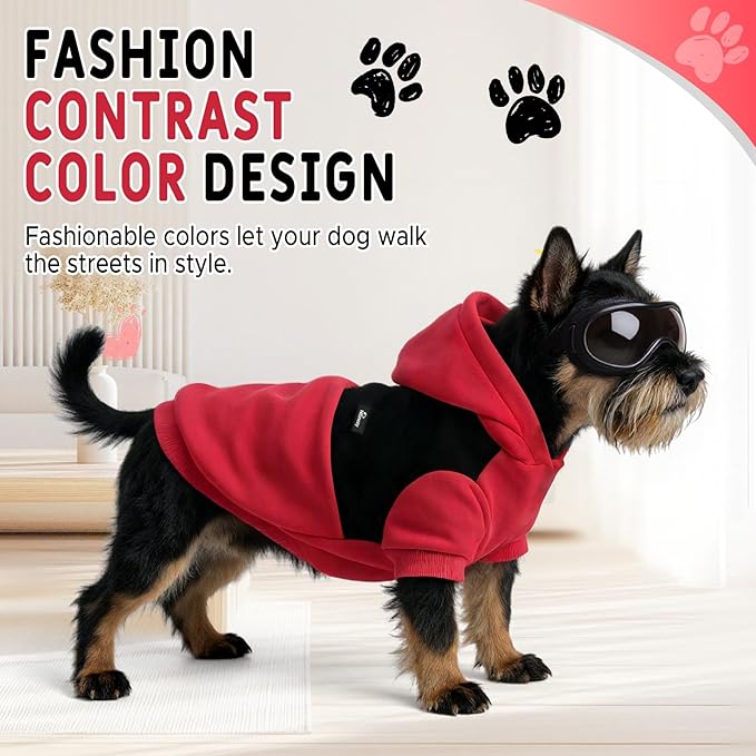 Dog Hoodie with Fleece Lining - Premium Winter Warm Dog Sweater for Small, Medium Dogs, Puppy - Dogs Sweatshirt Contrast Color Design (Red&Black, XS)