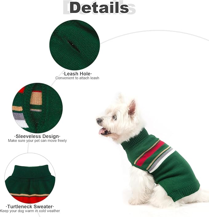 PAWCHIE Stretchy Knitted Cat Dog Outfit, Green S, Warm Turtleneck Coat with Leash Hole for Small to Large Dog Girls, Boys