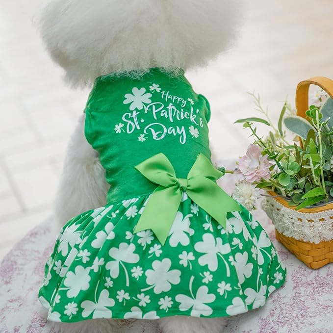 CuteBone St.Patrick's Day Dog Green Dress Velvet for Small Dogs Girl Puppy Dresses Clover Dog Clothes CVA14XXS-D