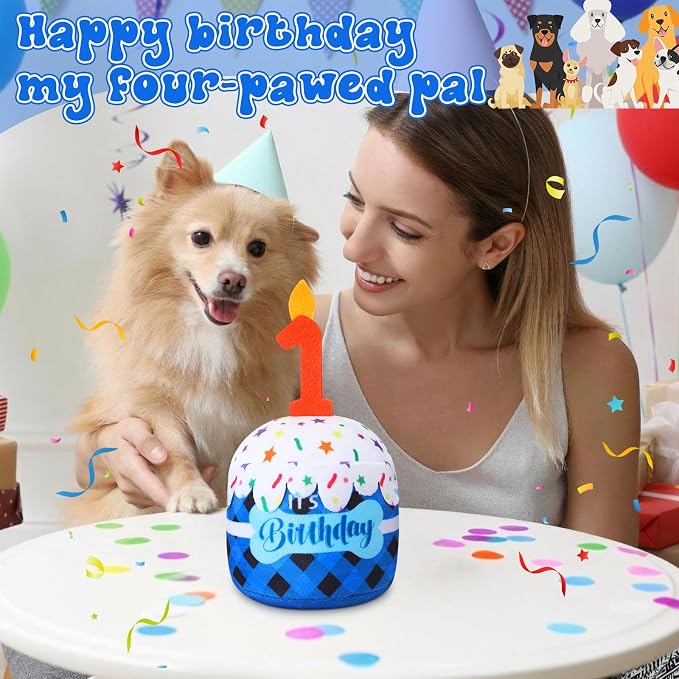 Dansydaisy Dog Birthday Cake Toy Squeaky Plush Gift,1st,Blue Grid