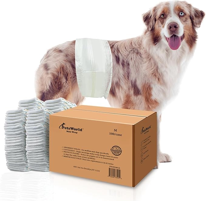 PetsWorld Dog Diapers Male - Disposable - Super Absorbent, Fur-Friendly Belly Bands w/Wetness Indicator -Adjustable Dog Wraps for Incontinence & Training (Medium, 600 Count)