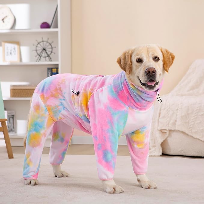 Dog Winter Coat for Large Medium Small Dogs, Warm Fleece High Collar Full Body Dog Jumpsuit Comfortable Onesie Apparel (Pink Blue, 2X-Large)