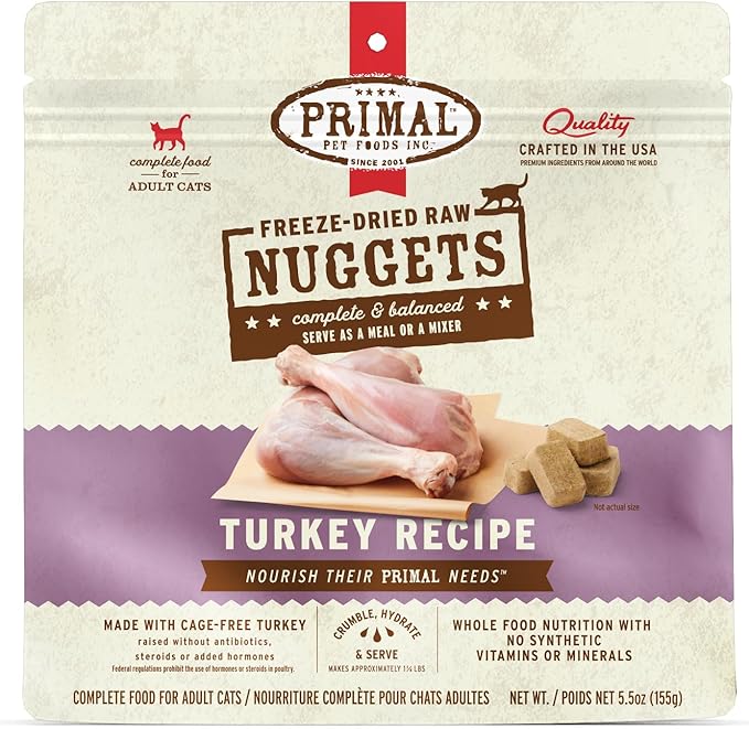 Primal Freeze Dried Raw Cat Food Nuggets Turkey, Complete & Balanced Meal or Topper, Premium, Healthy, Grain Free, High Protein Raw Cat Food with Probiotics (5.5 oz)