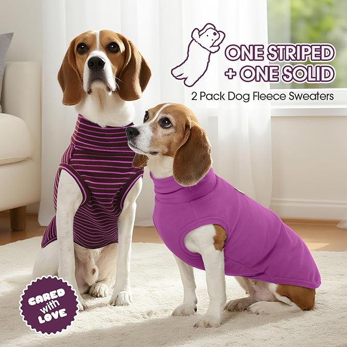 FUAMEY 2 Pack Dog Fleece Vest for Large Dogs,Shih Tzu Frenchie Stretchy Dog Sweatshirts Warm Dogs Pullover Winter Pet Sweaters with Leash Hole Puppy Turtleneck Sleeveless Purple Stripes L